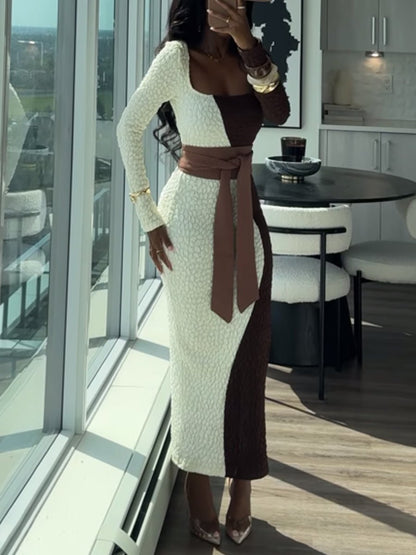 Square Collar Color Block Maxi Dress - laseze