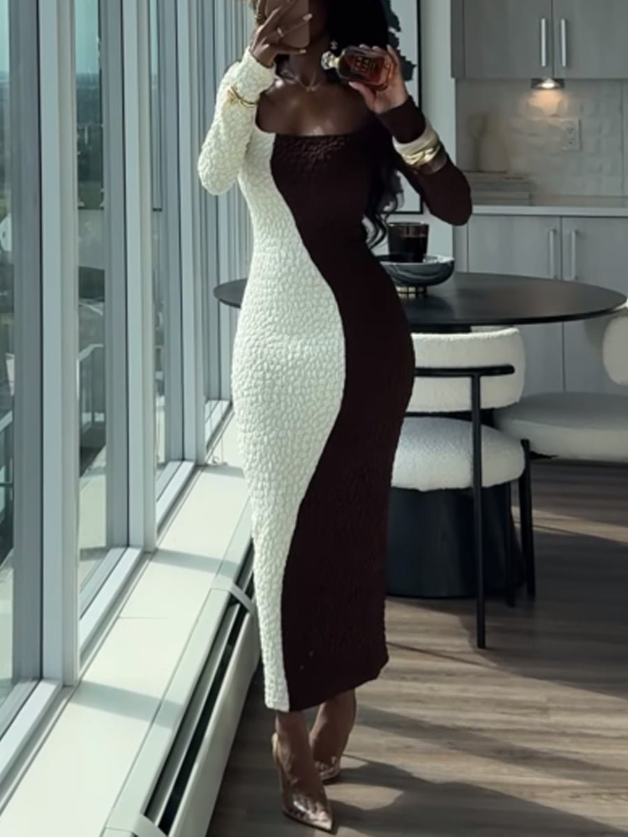 Square Collar Color Block Maxi Dress - laseze