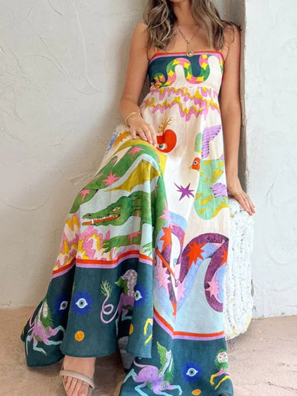 Strap Printing Large Swing Midi Dress - laseze