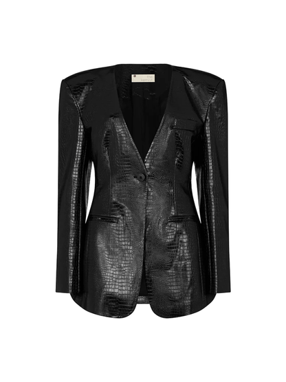 STRUCTURED FAUX CROC LEATHER BLAZER IN BLACK laseze