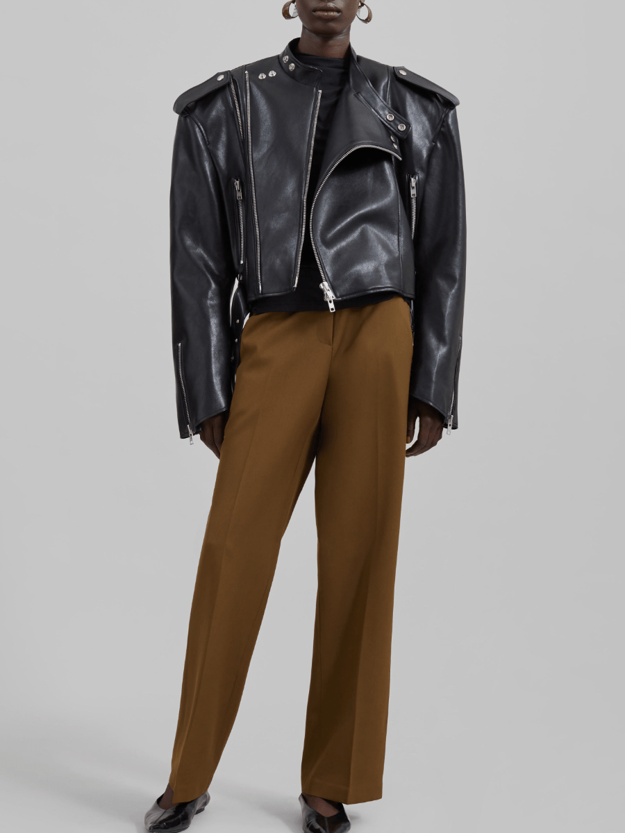 Structured Shoulder Zip-Detailed Cropped Leather Jacket laseze