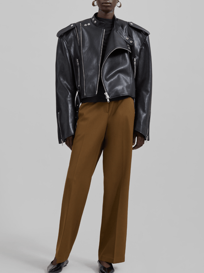 Structured Shoulder Zip-Detailed Cropped Leather Jacket laseze