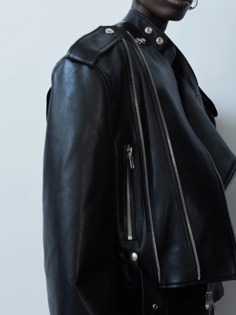 Structured Shoulder Zip-Detailed Cropped Leather Jacket laseze