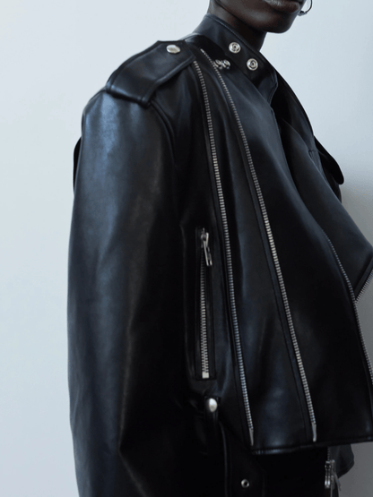Structured Shoulder Zip-Detailed Cropped Leather Jacket laseze