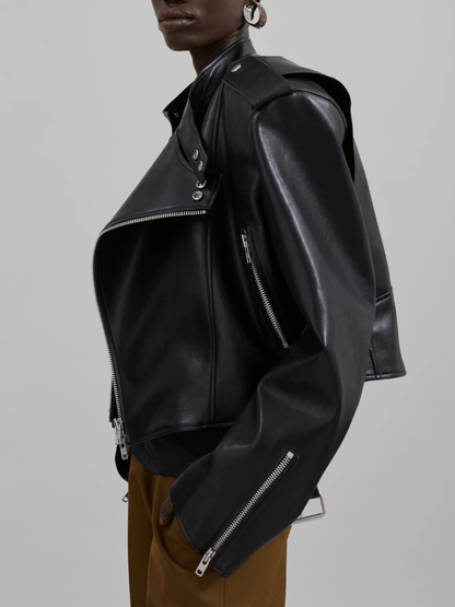 Structured Shoulder Zip-Detailed Cropped Leather Jacket laseze