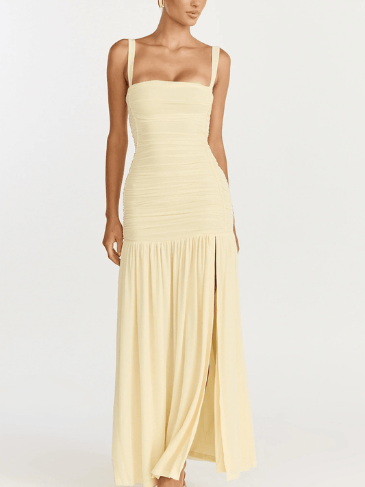 Sun-Kissed Lemon Ruched High-Slit Maxi Dress - laseze