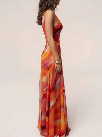 Sunset Abstract Print V - Neck Maxi Dress | Sleeveless Low Back Evening Gown - laseze