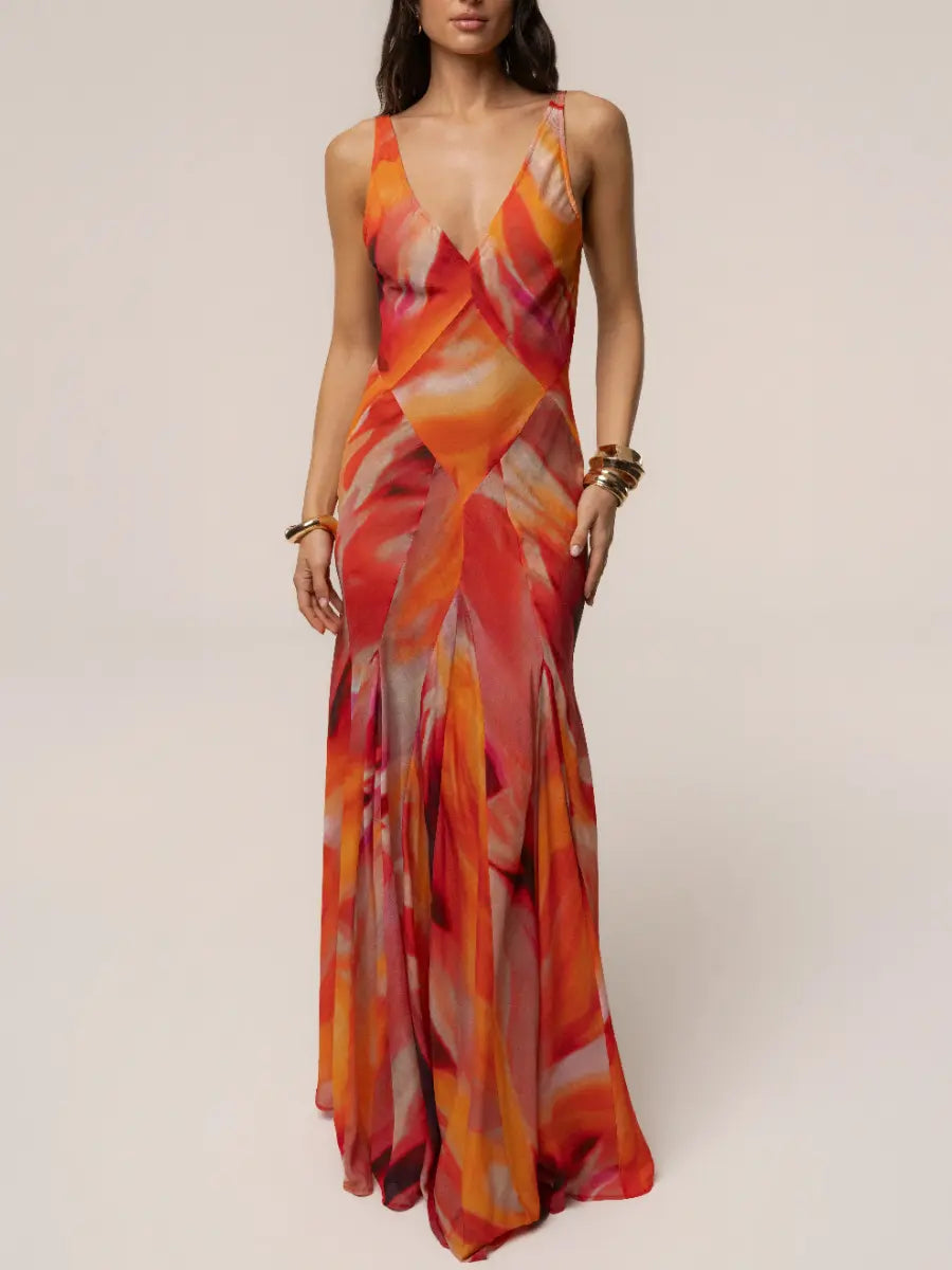 Sunset Abstract Print V - Neck Maxi Dress | Sleeveless Low Back Evening Gown - laseze