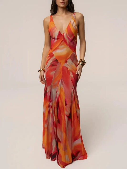 Sunset Abstract Print V - Neck Maxi Dress | Sleeveless Low Back Evening Gown - laseze