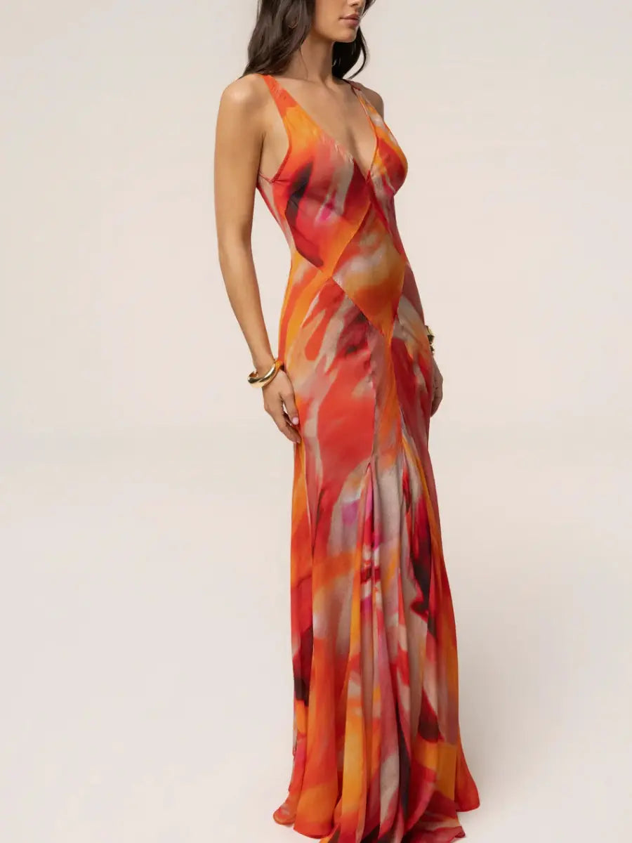 Sunset Abstract Print V - Neck Maxi Dress | Sleeveless Low Back Evening Gown - laseze