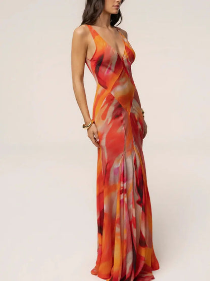 Sunset Abstract Print V - Neck Maxi Dress | Sleeveless Low Back Evening Gown - laseze
