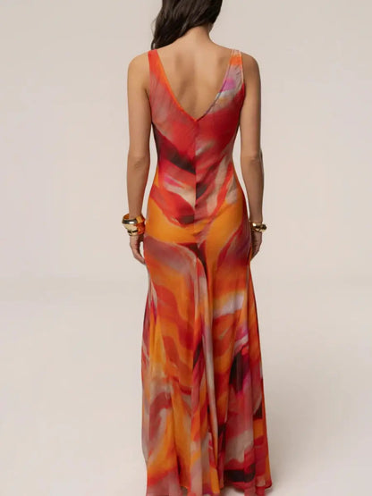 Sunset Abstract Print V - Neck Maxi Dress | Sleeveless Low Back Evening Gown - laseze