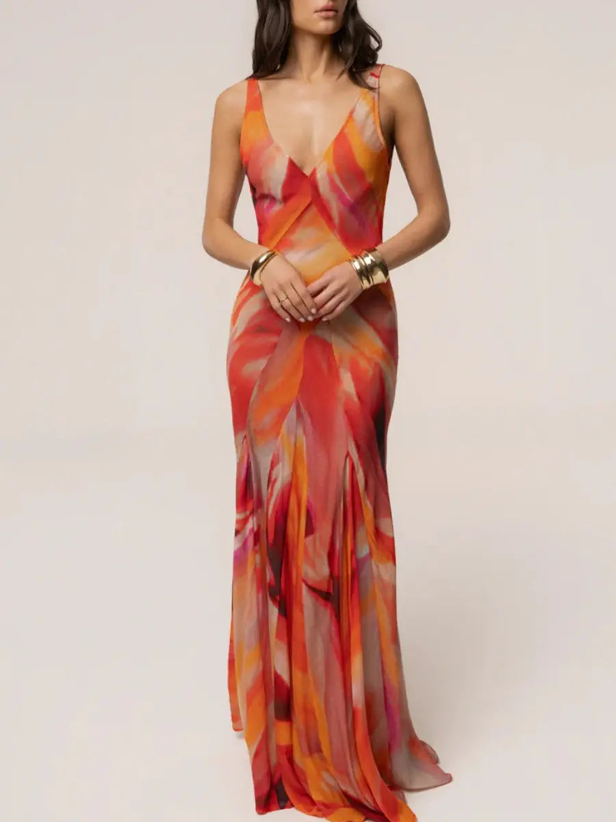 Sunset Abstract Print V - Neck Maxi Dress | Sleeveless Low Back Evening Gown - laseze