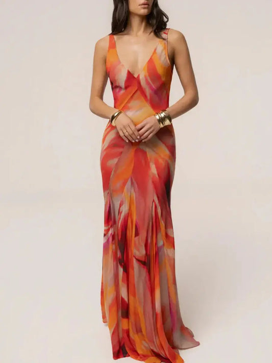 Sunset Abstract Print V - Neck Maxi Dress | Sleeveless Low Back Evening Gown - laseze