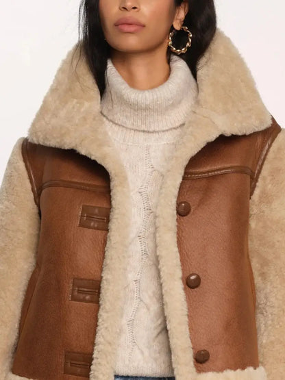 Tan Shearling & Leather Contrast Bomber Jacket laseze