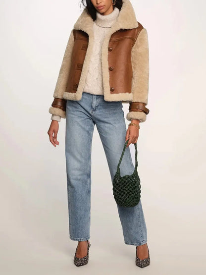 Tan Shearling & Leather Contrast Bomber Jacket laseze