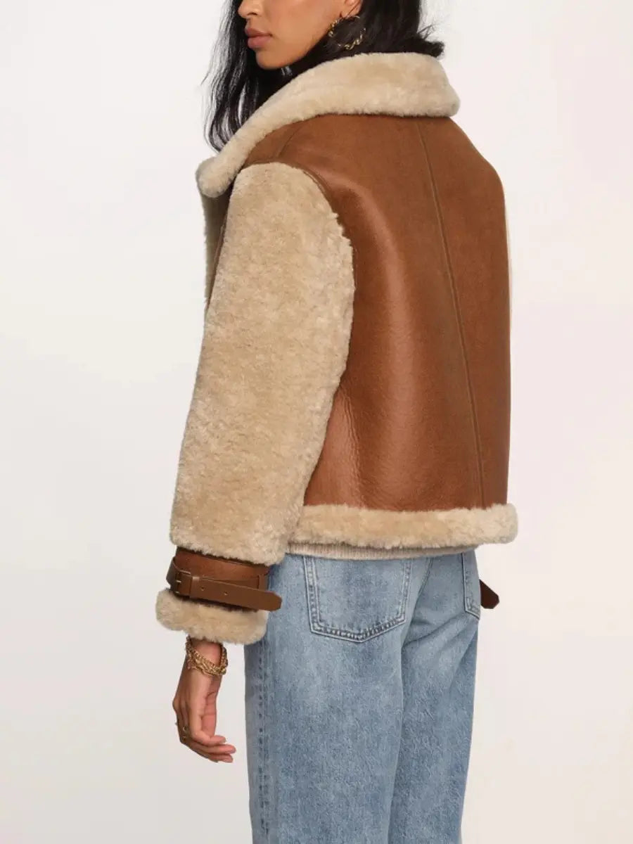 Tan Shearling & Leather Contrast Bomber Jacket laseze