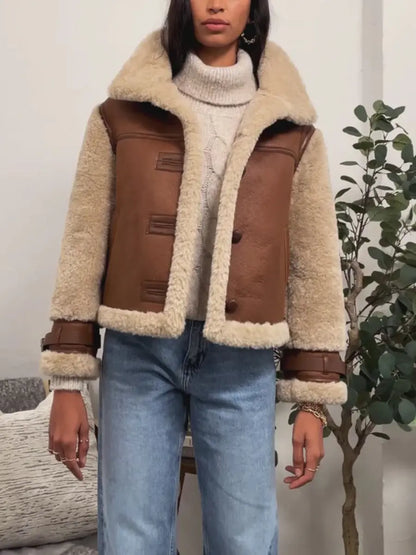 Tan Shearling & Leather Contrast Bomber Jacket laseze