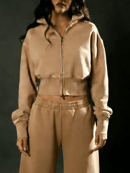 Taupe Cropped Zip - Up Track Jacket & Wide - Leg Pant Set - laseze