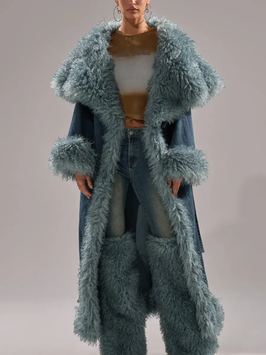 Teal Fur-Trimmed Oversized Denim Trench laseze