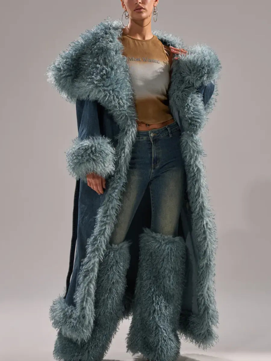 Teal Fur-Trimmed Oversized Denim Trench laseze