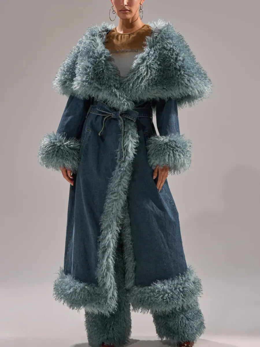 Teal Fur-Trimmed Oversized Denim Trench laseze
