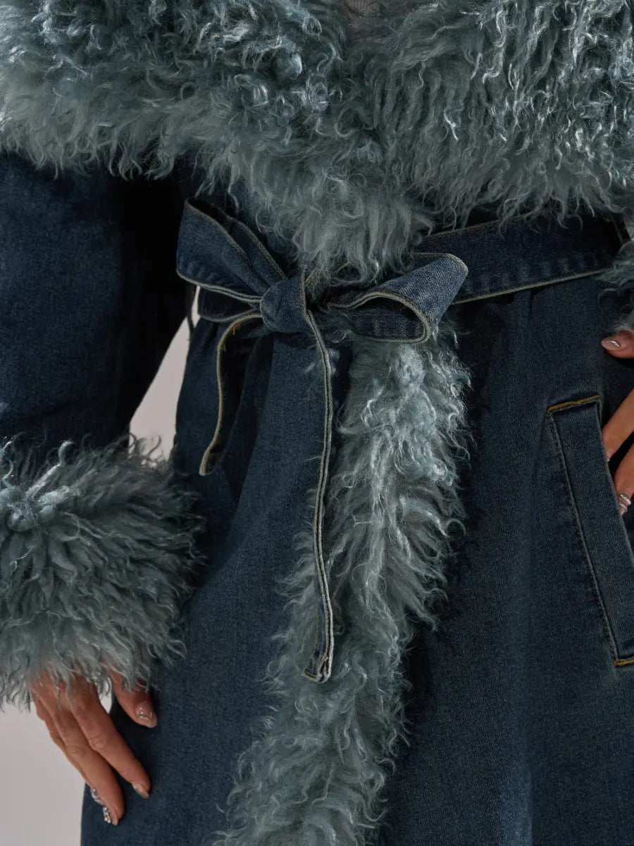 Teal Fur-Trimmed Oversized Denim Trench laseze