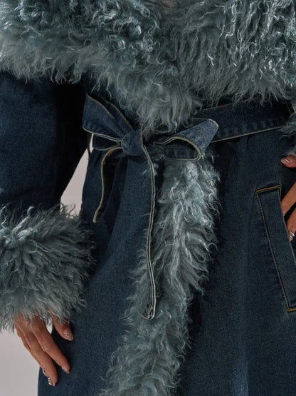 Teal Fur-Trimmed Oversized Denim Trench laseze