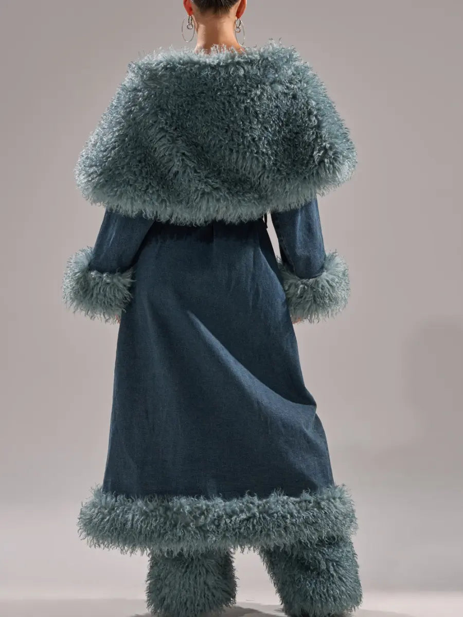 Teal Fur-Trimmed Oversized Denim Trench laseze