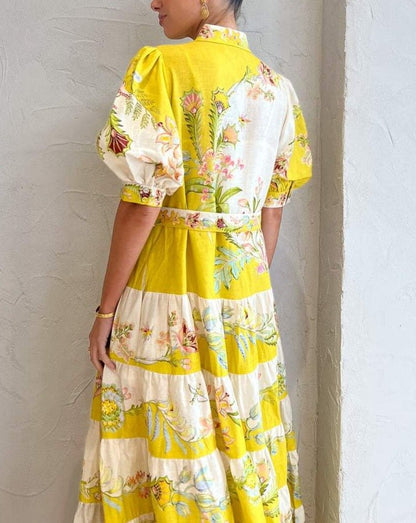 The Tiered Midi Dress in Lemon / Cream - laseze