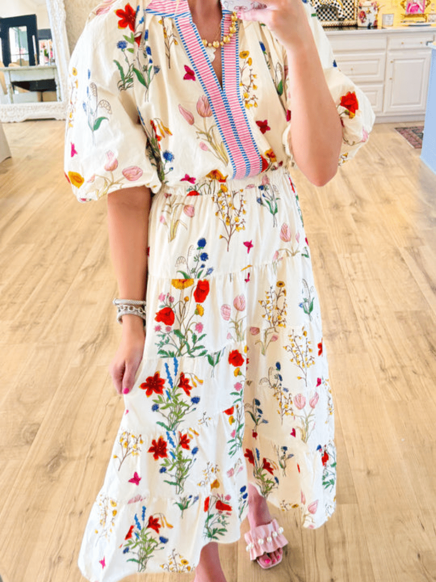 THML Cream Floral Puff Sleeve Maxi Dress - laseze