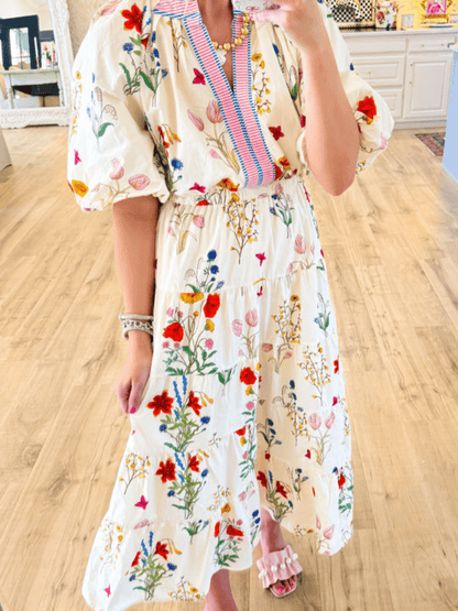 THML Cream Floral Puff Sleeve Maxi Dress - laseze