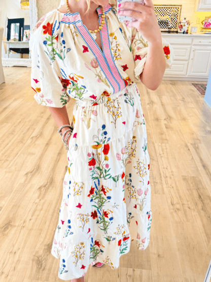 THML Cream Floral Puff Sleeve Maxi Dress - laseze