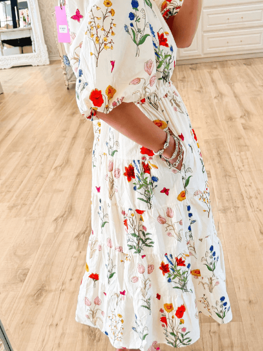 THML Cream Floral Puff Sleeve Maxi Dress - laseze