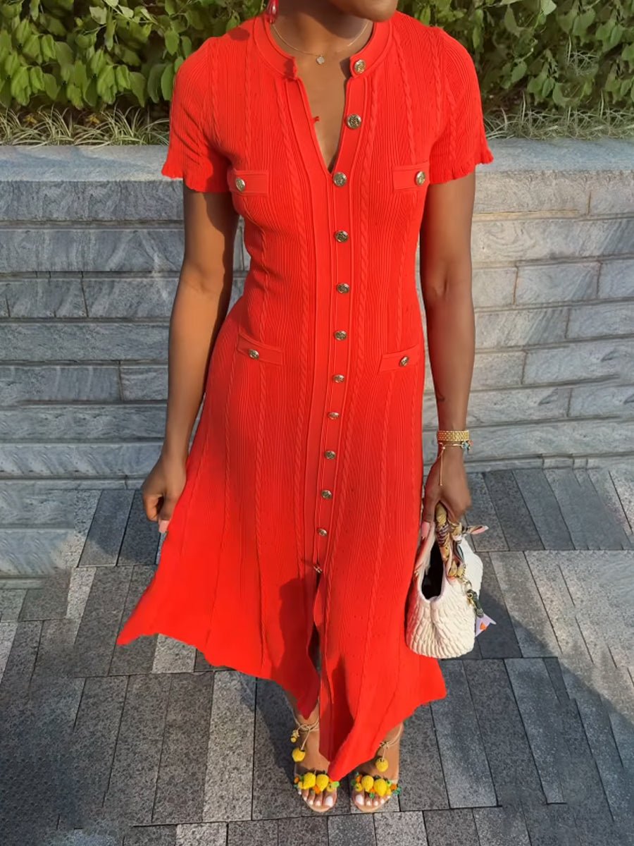 Threaded Single - breasted Knitted Dress - laseze