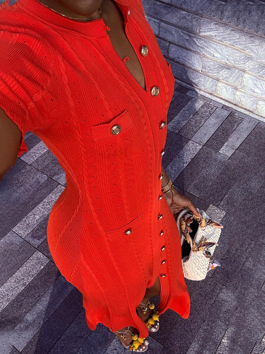 Threaded Single - breasted Knitted Dress - laseze