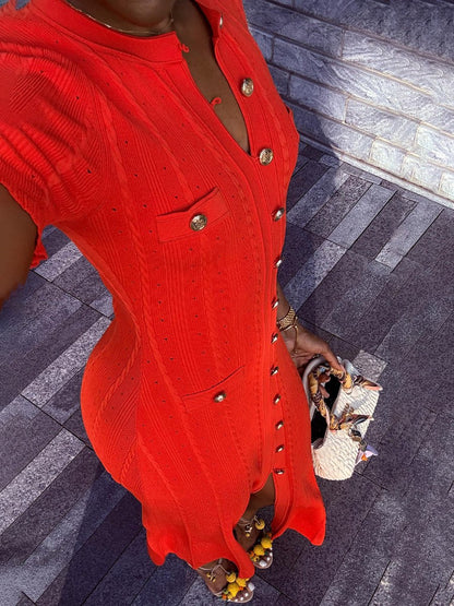 Threaded Single - breasted Knitted Dress - laseze