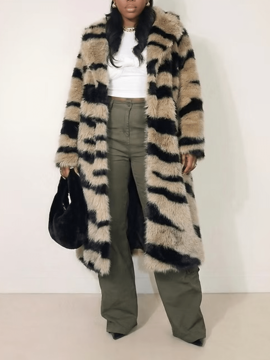 Tiger Stripe Faux Fur Long Coat laseze
