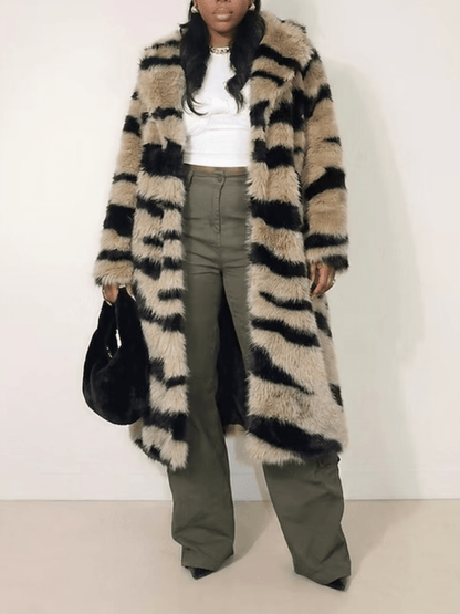 Tiger Stripe Faux Fur Long Coat laseze