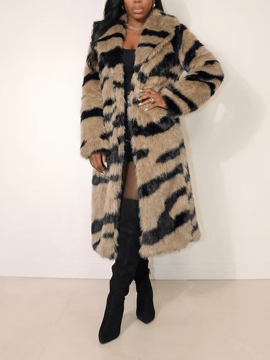 Tiger Stripe Faux Fur Long Coat laseze
