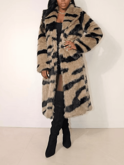 Tiger Stripe Faux Fur Long Coat laseze
