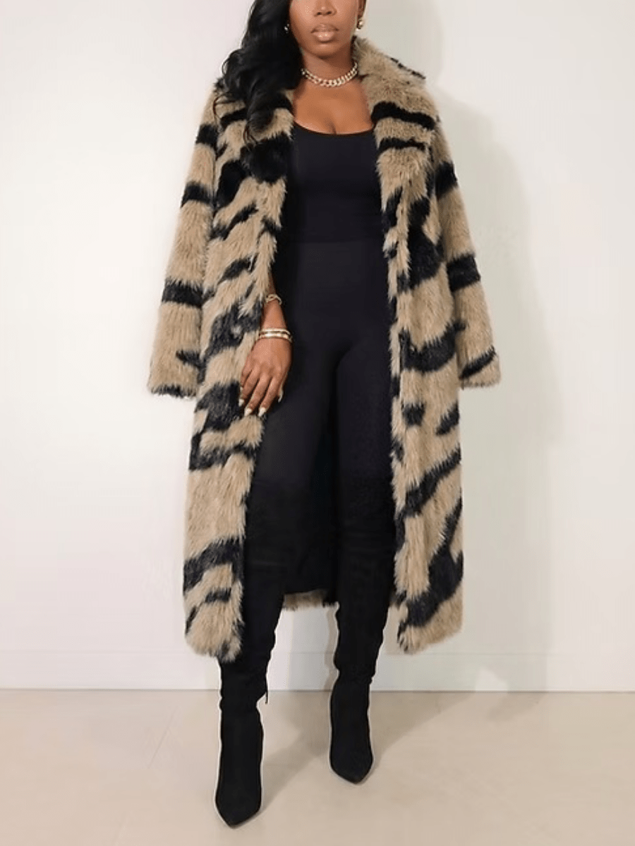Tiger Stripe Faux Fur Long Coat laseze