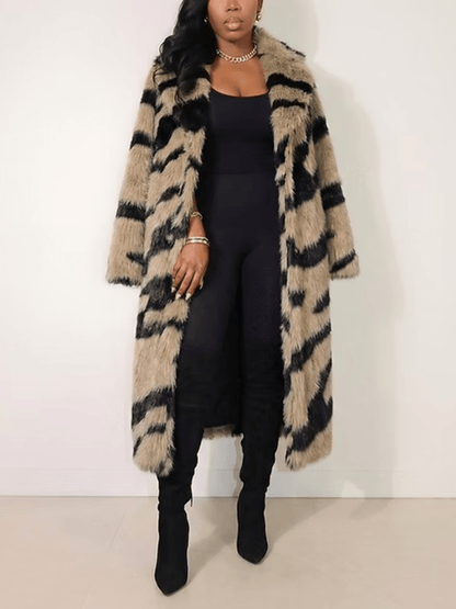 Tiger Stripe Faux Fur Long Coat laseze