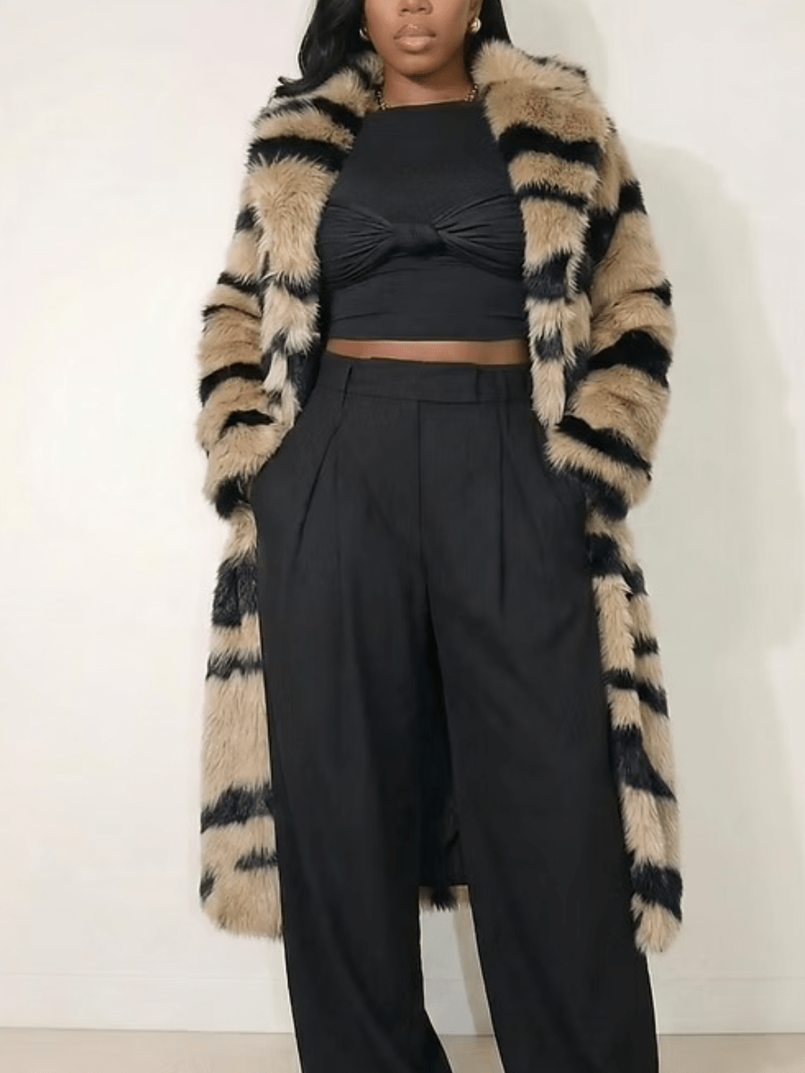 Tiger Stripe Faux Fur Long Coat laseze