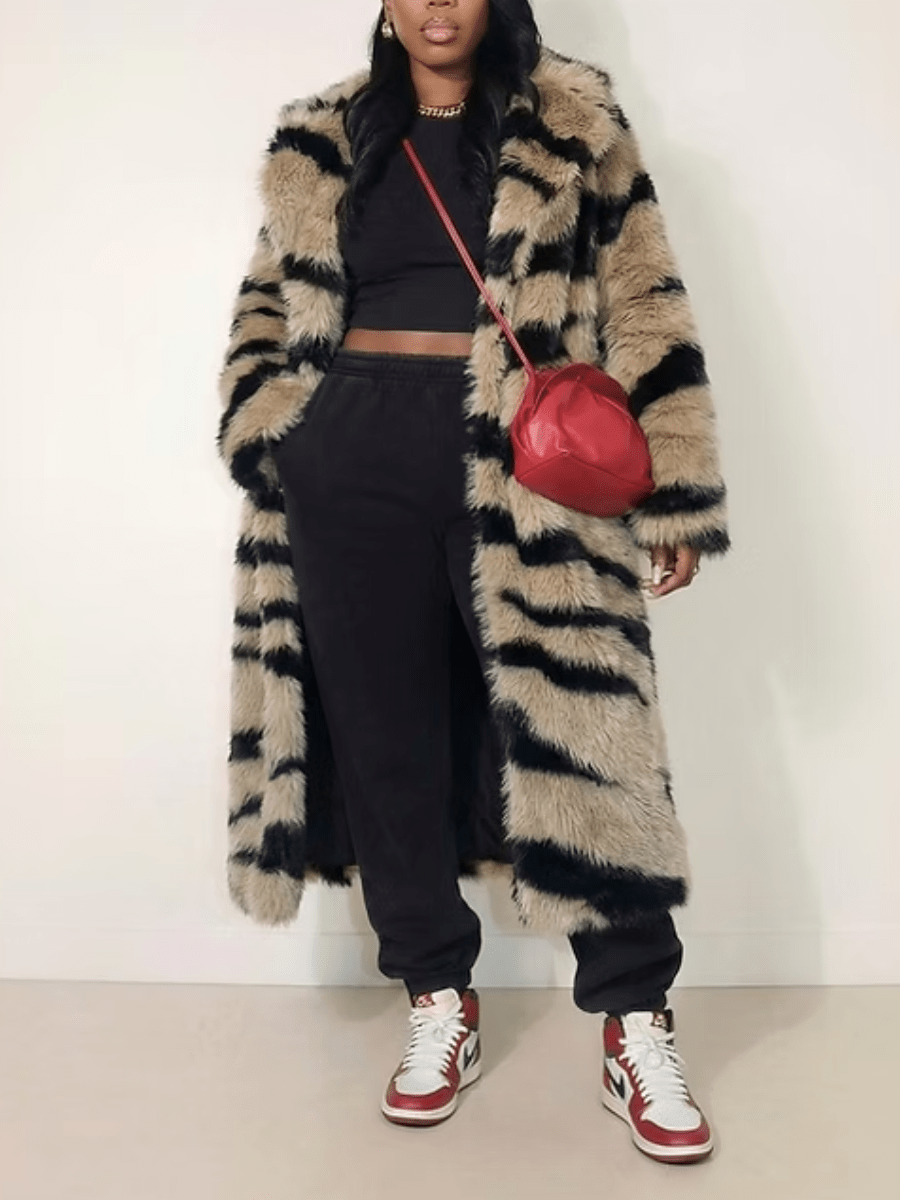 Tiger Stripe Faux Fur Long Coat laseze