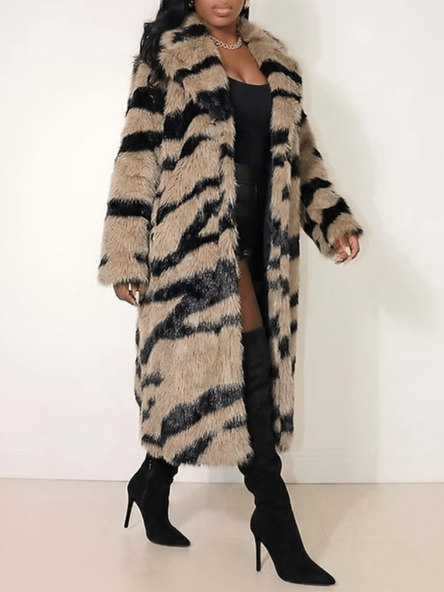 Tiger Stripe Faux Fur Long Coat laseze