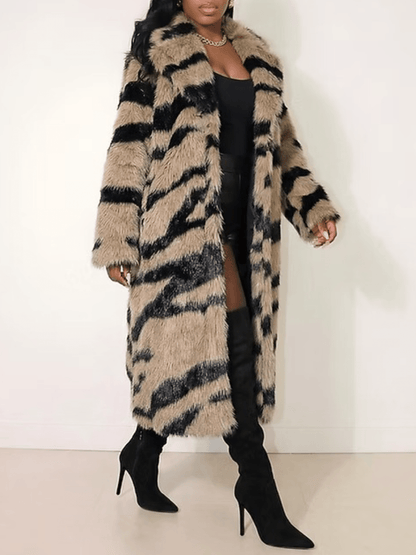 Tiger Stripe Faux Fur Long Coat laseze