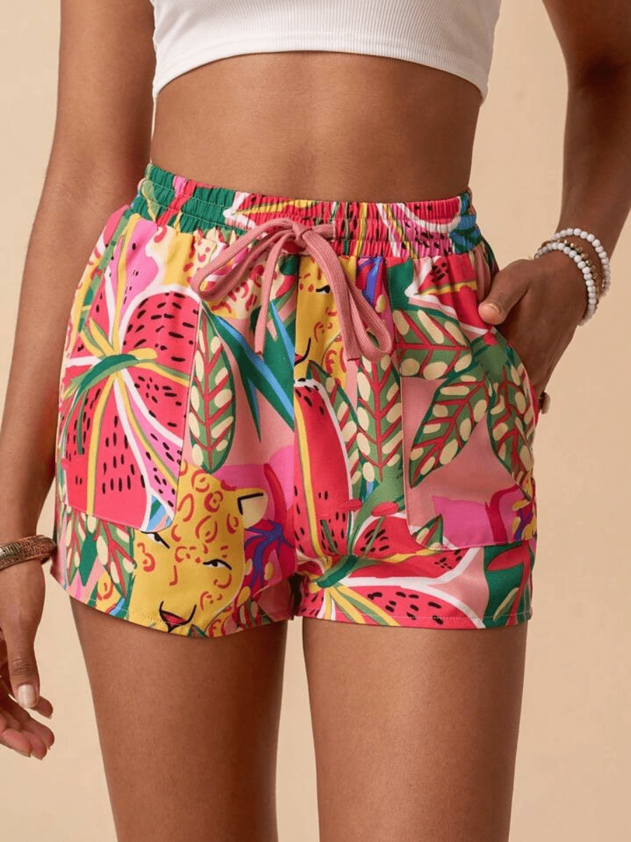 Tropical Print Puff Sleeve Knot Front Crop Suit - laseze