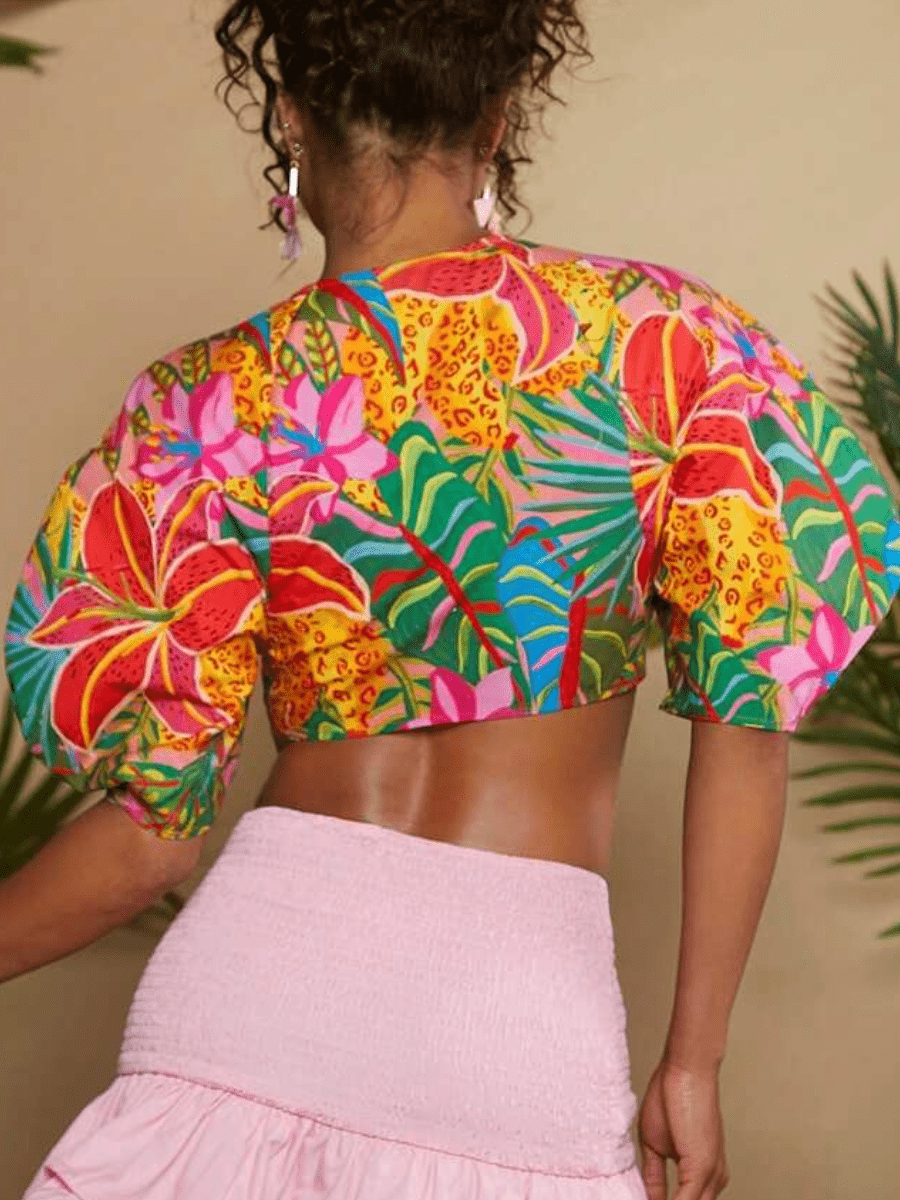 Tropical Print Puff Sleeve Knot Front Crop Suit - laseze