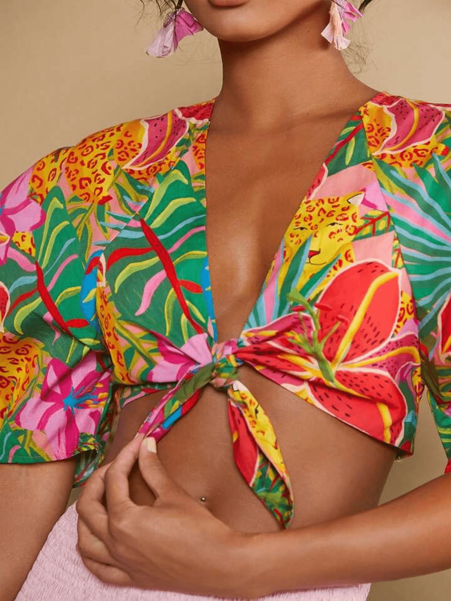 Tropical Print Puff Sleeve Knot Front Crop Suit - laseze